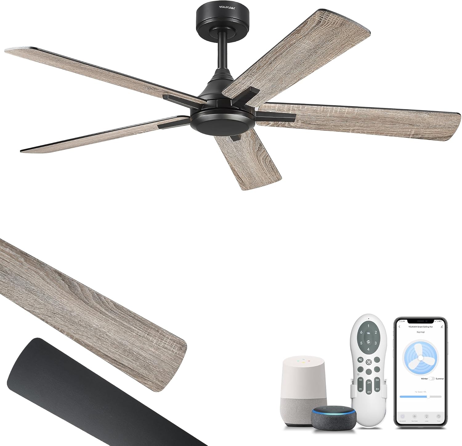 YOUKAIN Ceiling Fan without Light, 52 Inch Black Ceiling Fans, Smart Ceiling Fans Remote & APP Control, Reversible Blades, Outdoor Ceiling Fan for Bedroom, Living room, 52-YJ812-BK-NL