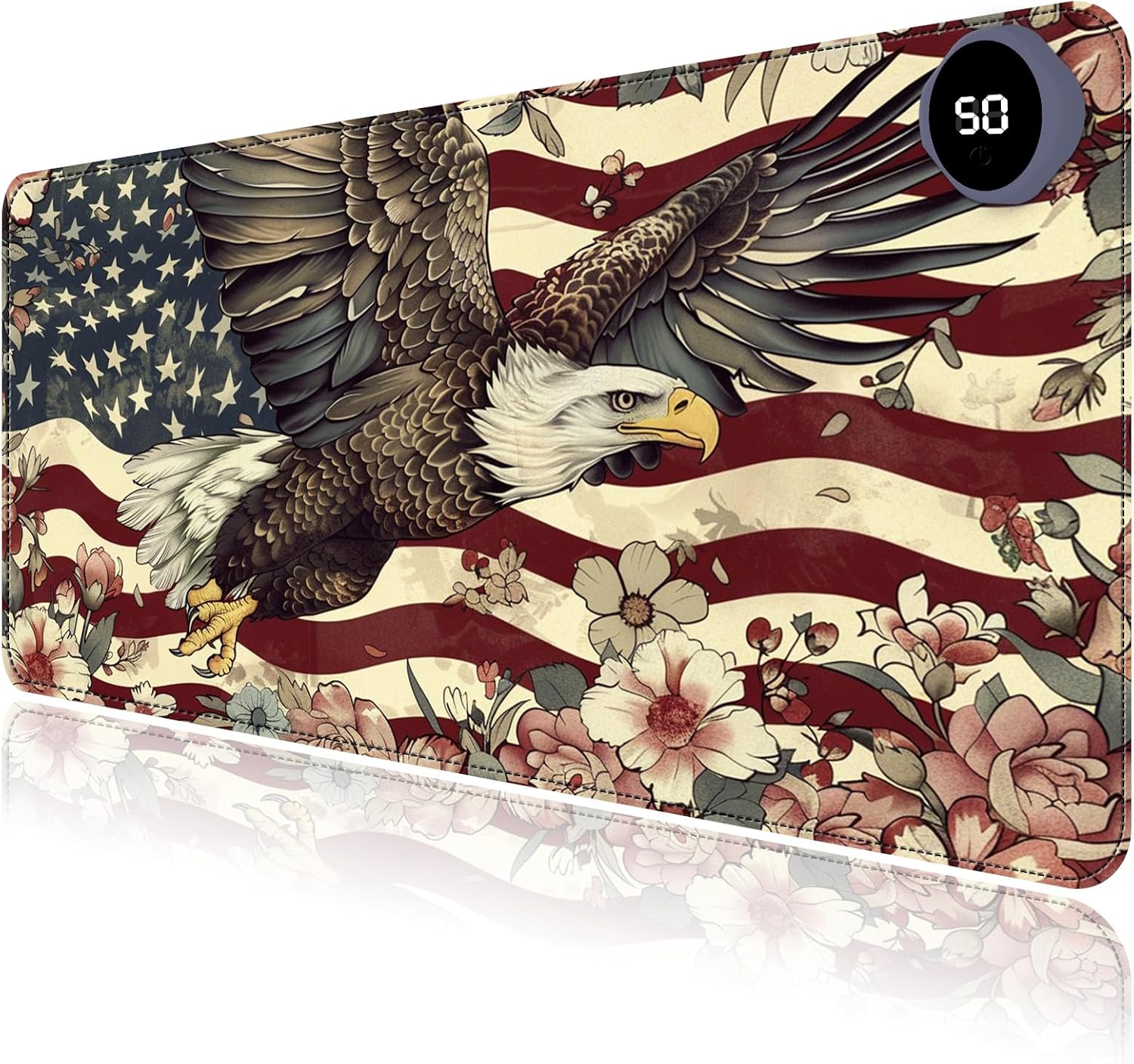 Heated Mouse Pad with 3 Levels Heated & 3 Hours Auto Shut-Off Mouse Pad for Warming Hands in Office Home, 23.6" x 14.2"Large Safe Desk Mat Hand Warmer，Flying Eagle Flag Flowers