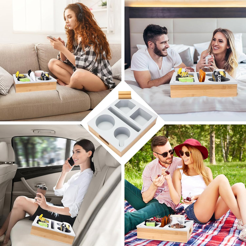 Couch Cup Holder Tray, Couch Caddy with Rotatable Phone Holder, Wooden Sofa Drink Holder with Handle for Bed Car Seat Beach Organizer, Anti-Spill for Snacks Beverage Remote White