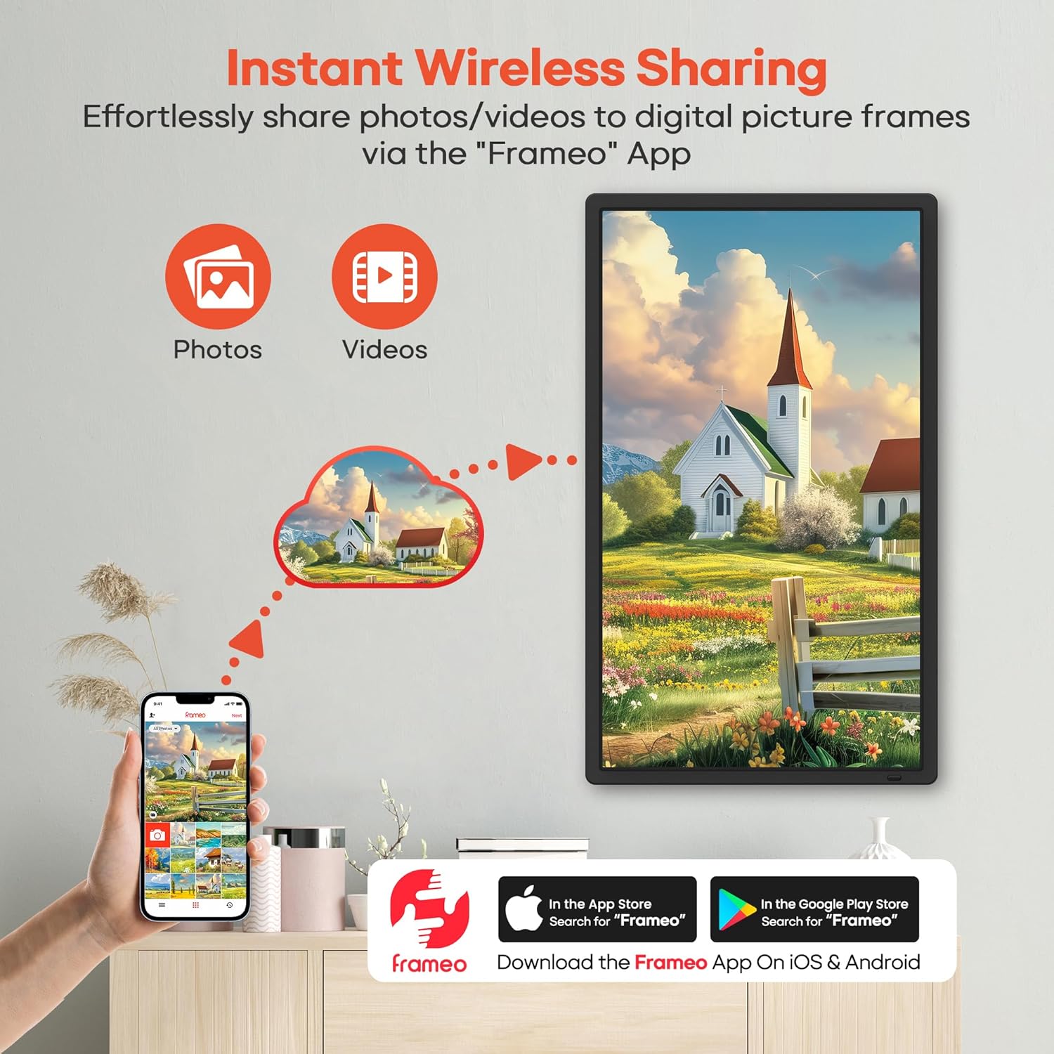 Frameo 32" Extra Large Digital Picture Frame WiFi 64GB, 1920 x 1080 FHD IPS Touch Screen Electronic Photo Frames, Wall Mounted, Auto-Rotate, Support USB and SD Card, Share Photos Videos Instantly