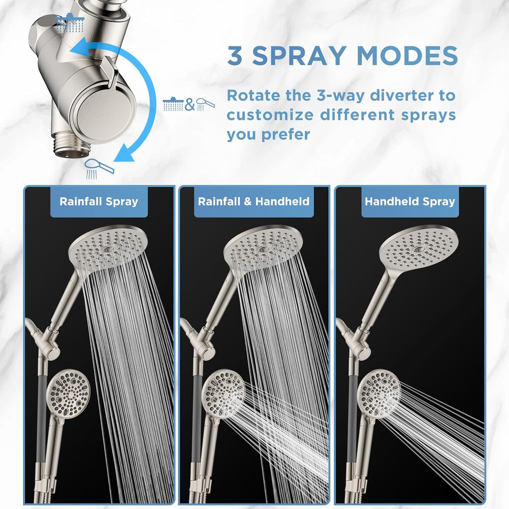 MakeFit Dual Filtered Rain Shower Head Combo, High Pressure Handheld Shower Head with Adjustable Bar - Rainfall Shower Head And Showerhead with Filter for Hard Water - Removes Chlorine(Brushed Nickel)