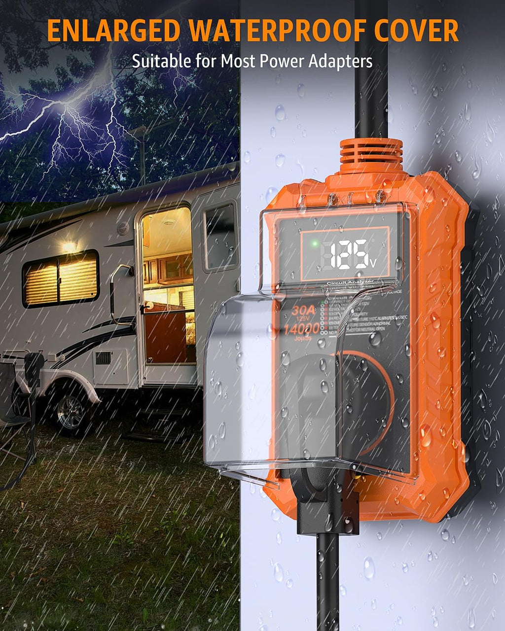Rv Surge Protector 30 Amp with Smart LED Display, 14000J Circuit Analyzer Waterproof with Auto Shutoff & Reset for High/Low Voltage, 30 Amp Rv Surge Protector for Camper, Travel Trailer