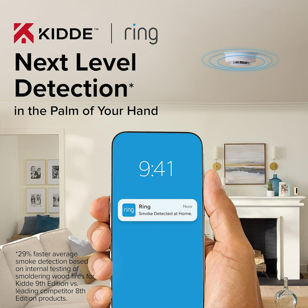 Kidde Smart Smoke Detector, Ring App Enabled for Real-Time Notifications, Hardwired Alarm, AA Backup Battery