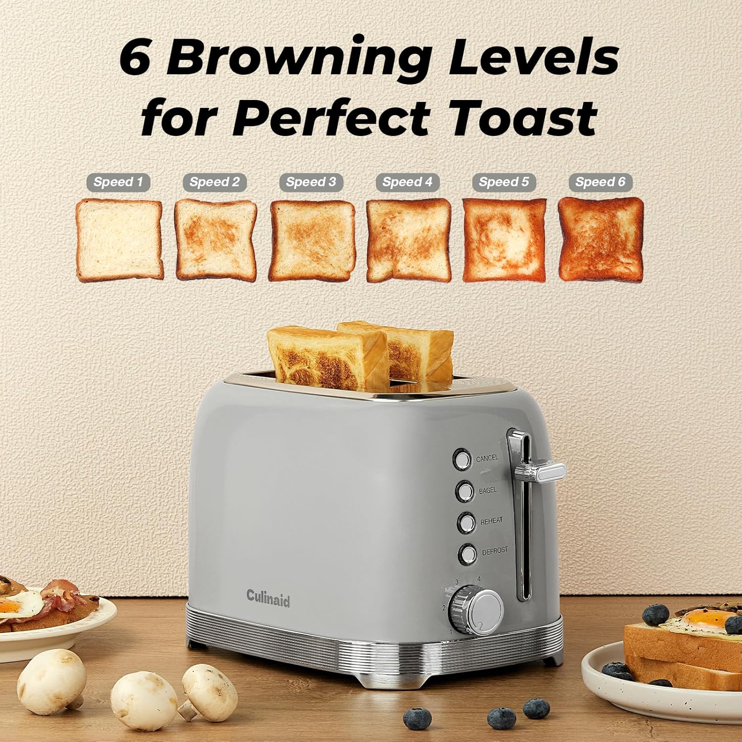 Toaster 2 Slice Retro Stainless Steel with 1.5” Extra Wide Slots Bagel, Defrost, Reheat, Cancel Functions, 6 Bread Shade Settings, Removable Crumb Tray, Gray