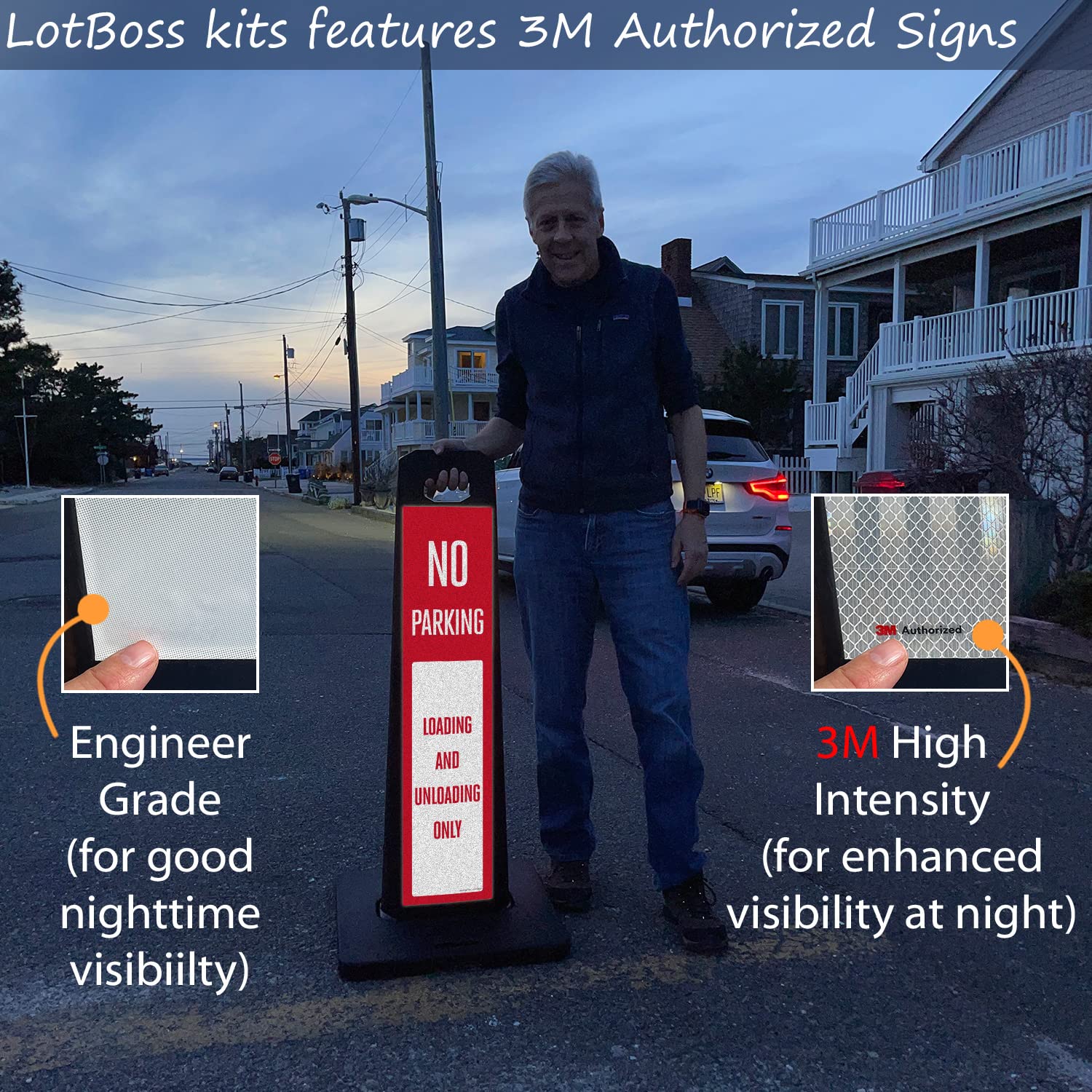 SmartSign No Parking Loading And Unloading Only LotBoss Vertical Panel Sign Kit with Rubber Base, Double-Sided, 7.875" x 35.5" 3M Engineer Grade Reflective Parking Lot Sign, Plastic Frame, USA-Made