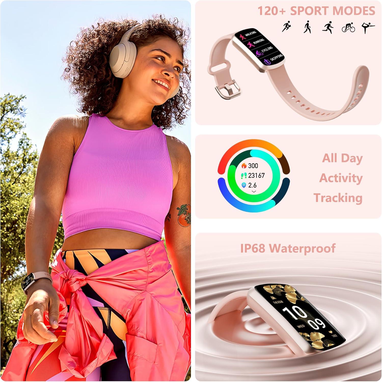 Health Fitness Tracker, Smart Watch with 24/7 Heart Rate, Activity Tracker with Blood Pressure and Blood Oxygen Monitor, 120 Sport Mode Waterproof Sleep Tracker for Women Men (Pink)