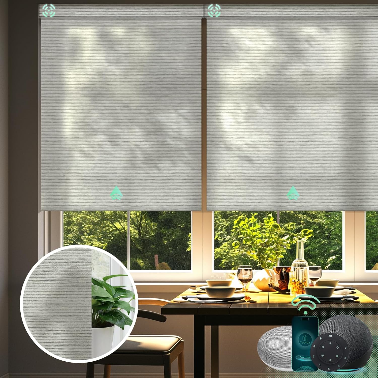 Yoolax Motorized Blinds with Remote, Light Filtering Smart Blinds Compatible with Alexa Google Home, Automatic Shades for Windows Living Room, Custom Size (50% Blackout V-Shimmer Horizontal Beige)