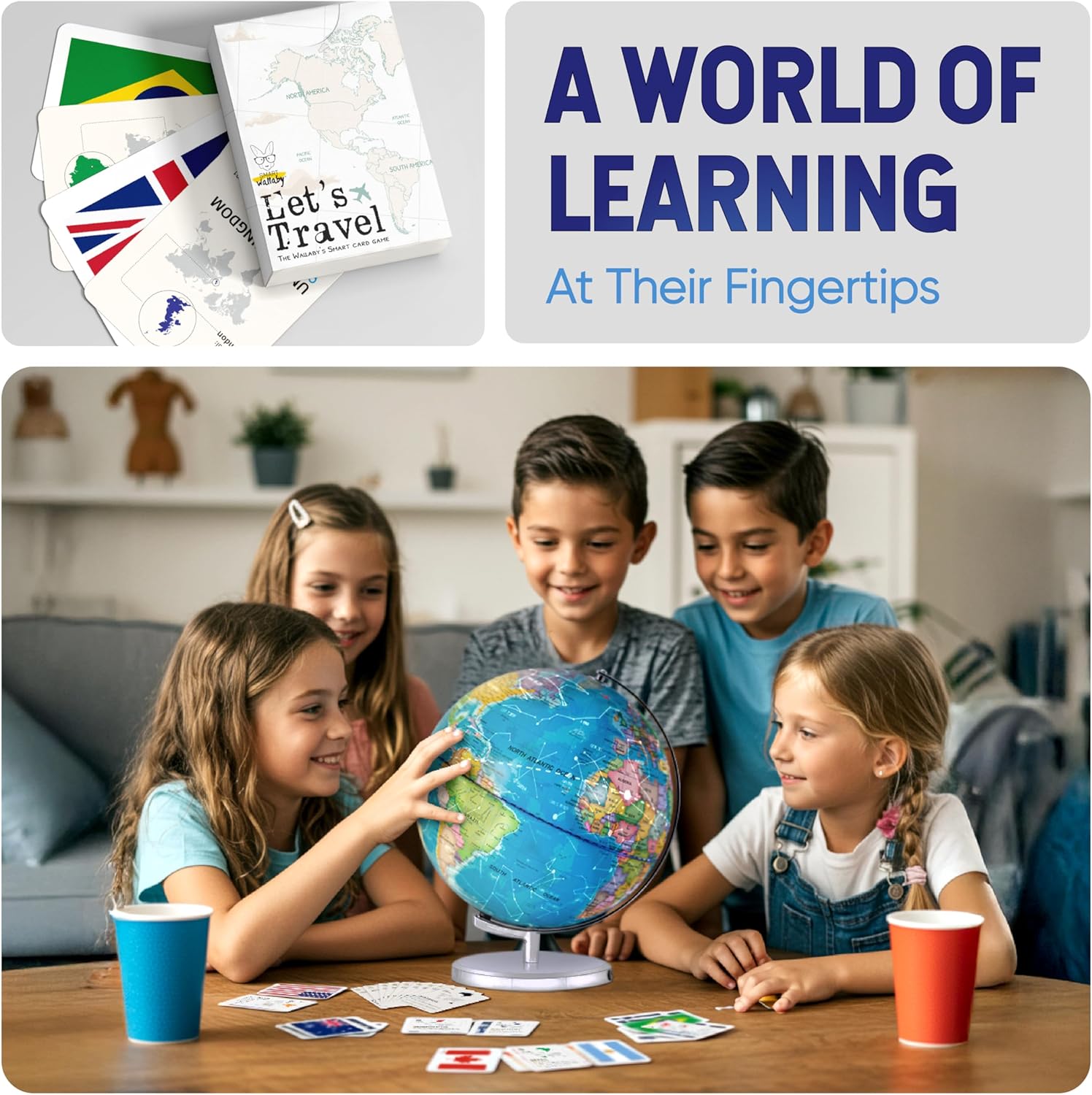 9" Illuminated Educational Kids World Globe + STEM Flags & Countries Interactive Card Game. 3 in 1 Children Desktop Spinning Earth Political & Constellation Maps, LED Night Light Lamp