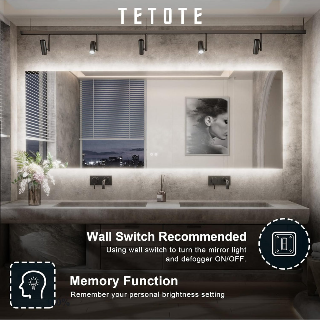 TETOTE 55 x 30 Inch LED Mirror Backlit Bathroom,Anti-Fog Mirror with Light,Dimmable,CRI90+,IP54 Water Proof,Wall Mounted Vanity Lighted,Horizontal/Vertical