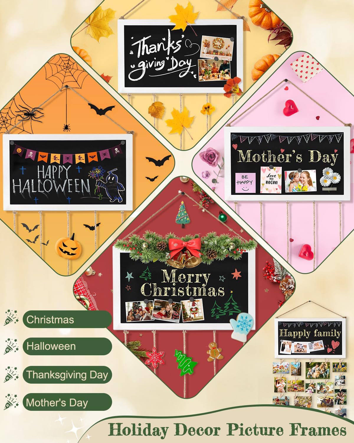 Bikoney Large Picture Board Picture Frames Collage Photo Hanging Display Wood Rustic Frames for Wall Decor and Dorm Room Decor with Blackboard Self Adhesive Hooks No Holes Drilling