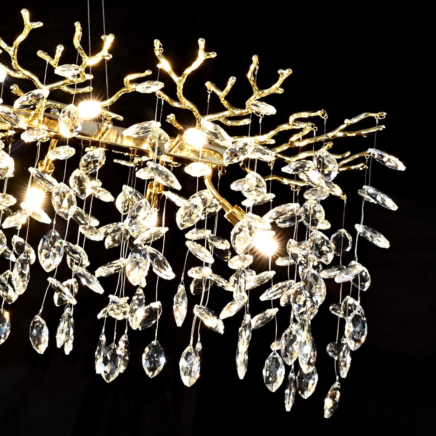 Gold Crystal Chandelier Modern High Ceiling Tree Branch Chandeliers Lighting Luxury Foyer Entryway Staircase Living Room Large Raindrop Large Hanging Pendant Light Fixture