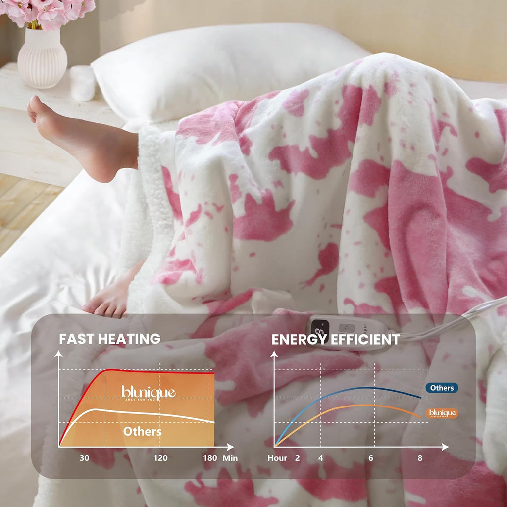 Cow Print Heated Blanket Twin-Heating Electric Blanket Twin with 10 Heat Levels & 10 Hours Auto-Off, Cozy Soft Fleece Sherpa, Washable, 62 x 84 Inches Cow Print Pink
