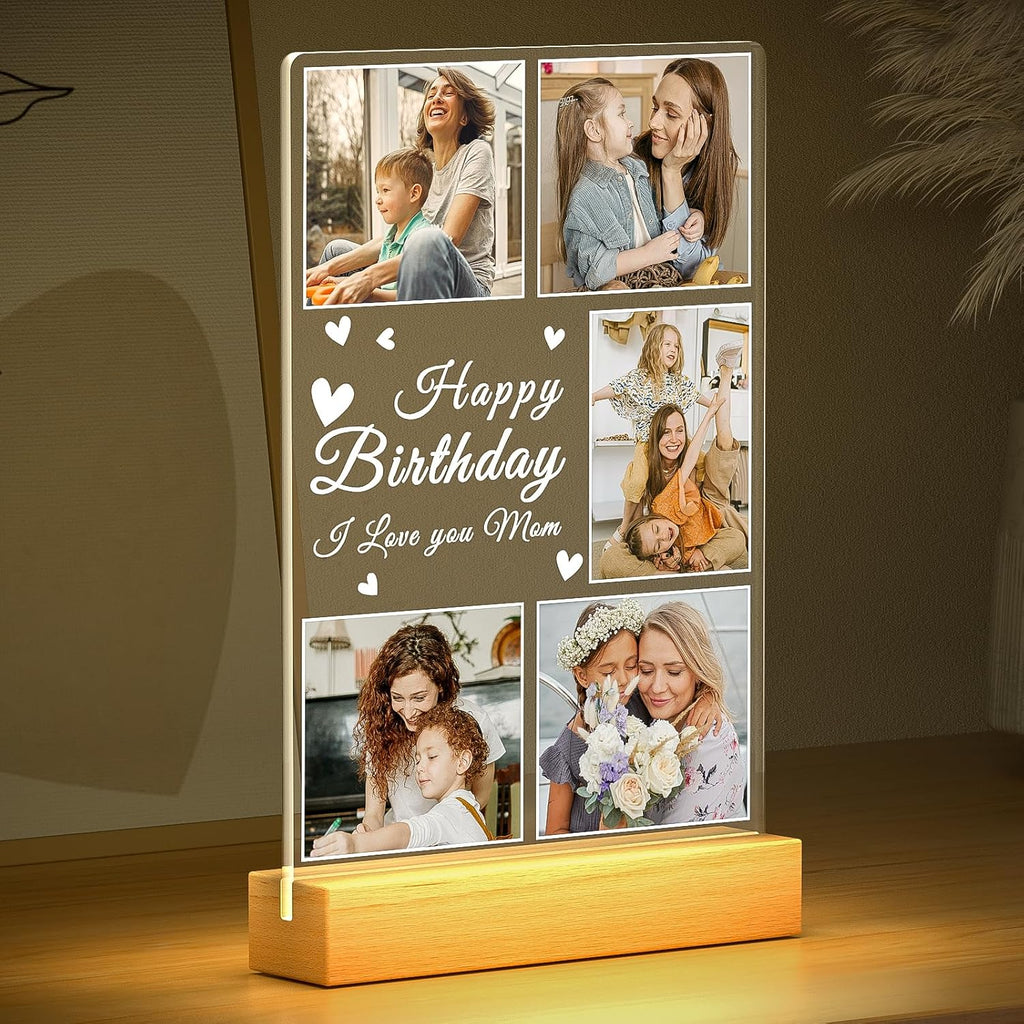 Custom Picture Frames with Photos, Personalized Photo Frame with Night Light, Customized Mothers Day Gifts for Mom, Personalized Birthday Gifts for Mom from Daughter Son