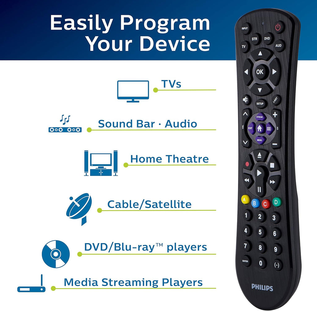 Philips Universal Remote Control for Samsung, Vizio, LG, Sony, Sharp, Roku, Apple TV, RCA, Panasonic, Smart TVs, Streaming Players, Blu-ray, DVD, Simple Setup, 4-Device, Black, SRP9243B/27