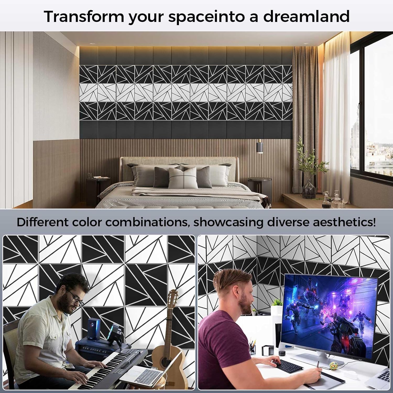12 Pack 2-Layer Large Soundproof Wall Panels, 12x 12 x 0.43 in Sound Proof Foam Panels for Walls, 1.2lb/ft* High Density,3D Acoustic Panels,Artistic Noise Dampening Panels White&Black