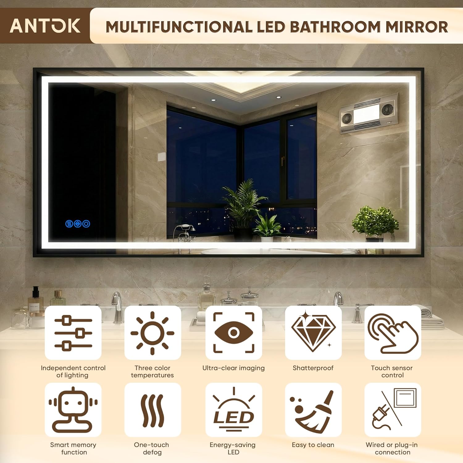 Antok 55X30 LED Bathroom Mirror with Lights, Vanity Mirror for Wall with Black Frame, Touch Control, Anti-Fog, Dimmable Lights, Shatter-Proof, Memory Function, Wall-Mounted Vanity Mirrors