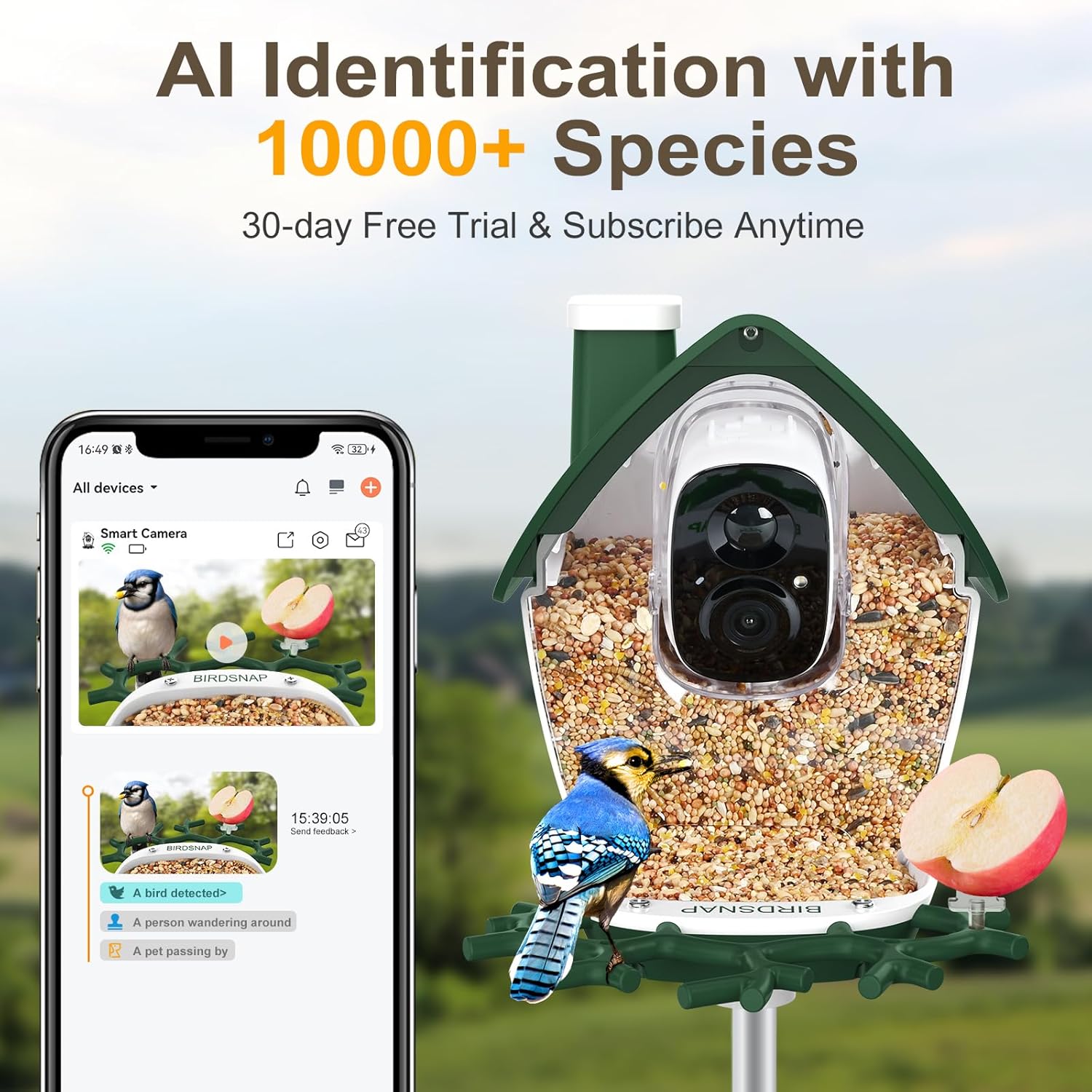 birdsnap® P33 - Smart Bird Feeder with Camera Solar Powered, 2K Video Bird Camera Feeder Live with 32GB Card, AI Identify Feather Species, Auto Record in Backyard, Ideal Gift for Birds Lover