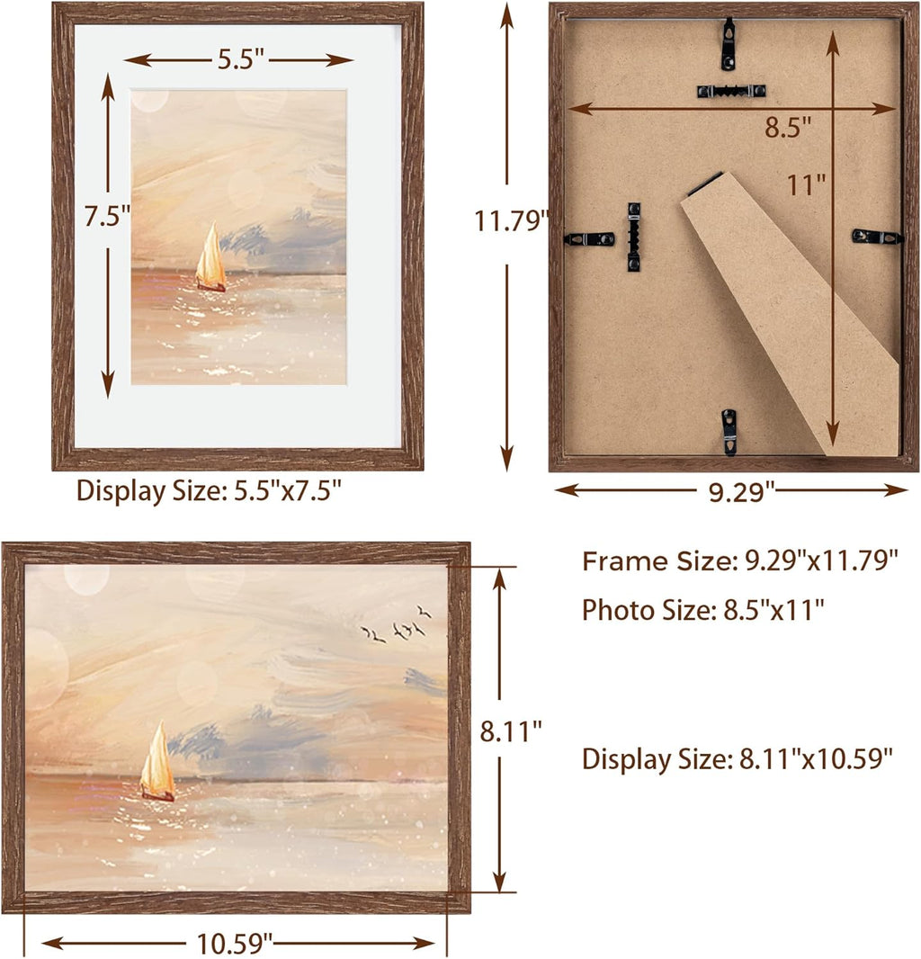 Picture Frame 8.5x11, Natural Oak Wood 8.5 x 11 Photo Frame, 8.5 by 11 Frame for Wall, 8.5x11 Picture Frame with Mat for 6x8, Tempered Real Glass, Walnut Color, Set of 1