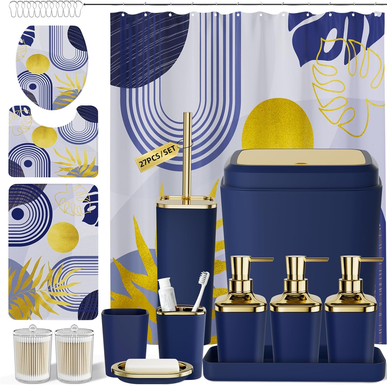 Bathroom Set - Bathroom Sets with Shower Curtain and Rugs, Bathroom Accessory Set, Navy Blue Bathroom Accessories Set with Trash Can, Toilet Brush and Soap Dispensers