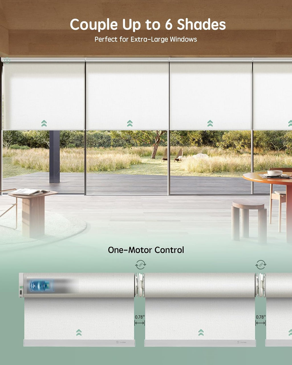 Yoolax Smart Coupled Roller Shades Compatible with Alexa Google, Motorized Blinds with Remote Light Filtering Coupled Roller Shades for X-Large Windows, Custom Size(XL Coupled-Pure White)