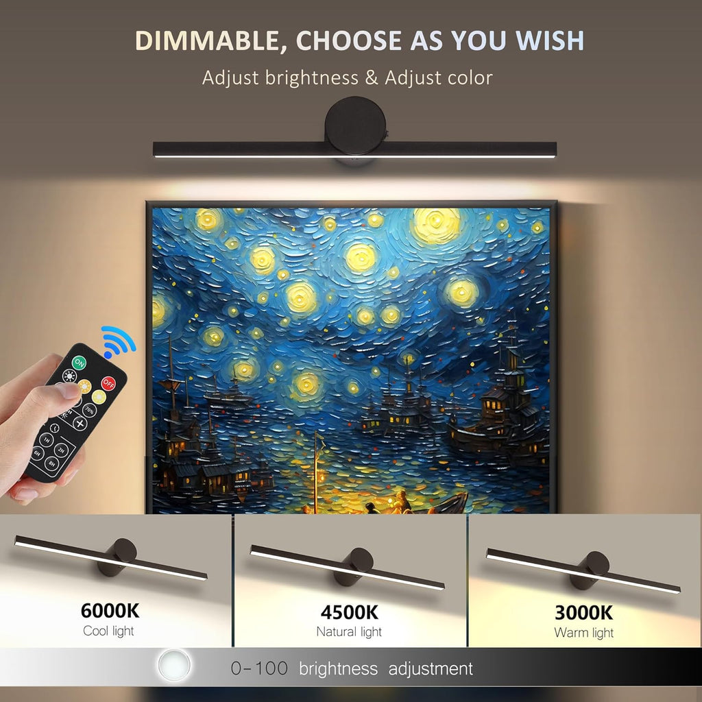 ZitoStory Battery Operated Picture Light with Remote,Wireless Dimmable Art Lights for Paintings Rechargeable Gallery Light Artwork Lighting for Canvas, Portrait (Black,15.35'' Inch)