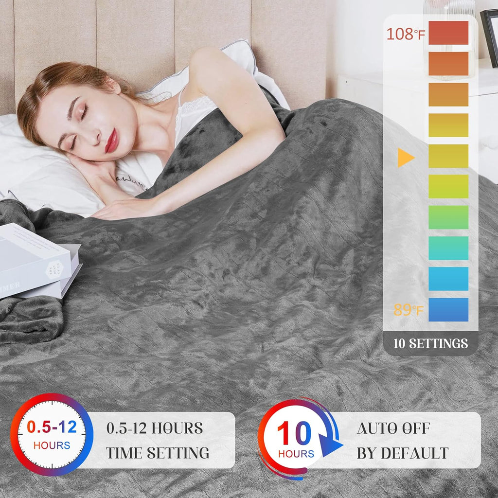 SUNVIVI Electric Blanket Queen Size, Heated Blanket Dual Control Soft Flannel, 10 Heat Settings, 12 Hours Auto Off, Machine Washable, 5 Years Warranty, Overheat Protection, ETL Certified, Beige