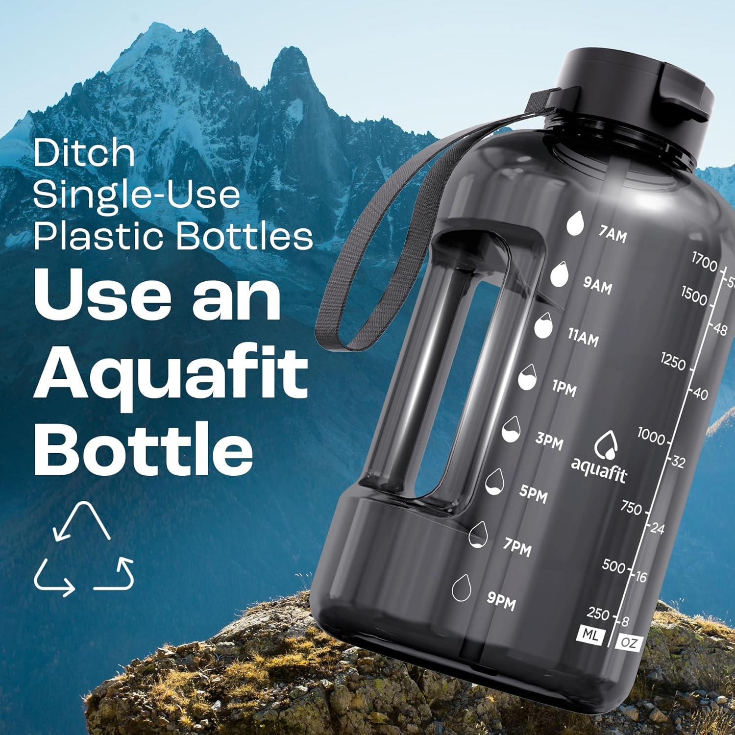 AQUAFIT 64 oz Water Bottle with Time Marker - Straw & Chug Lid - BPA Free Half Gallon Gym Water Bottle with Handle - Big Gallon Jug (Blue Skies, 64 Ounces)
