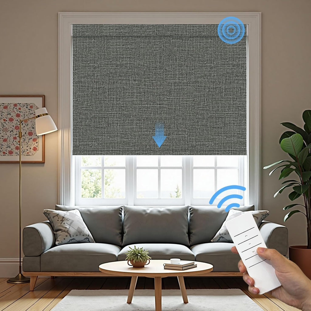 Motorized Roller Blinds with Remote, 100% Blackout Automatic Roller Shades for Bedroom, Bathroom, and Living Room, Customized Size, Ink Black