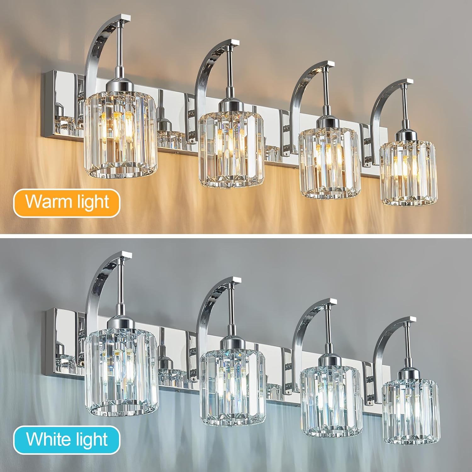 4-Light Crystal Vanity Light, Modern Chrome Bathroom Wall Sconce with K9 Crystal Shades, 32.67" Long Over Mirror Lighting for Vanity, Makeup, Hallway, Elegant & Easy Install