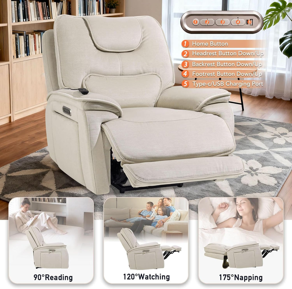EONIX Triple Motor Lay Flat Zero Gravity Power Recliner Chair with Heat and Massage, Independent Adjustable Backrest Footrest Headrest, 400lbs Heavy Duty Medium Size, Stylish Chenille, Cream White