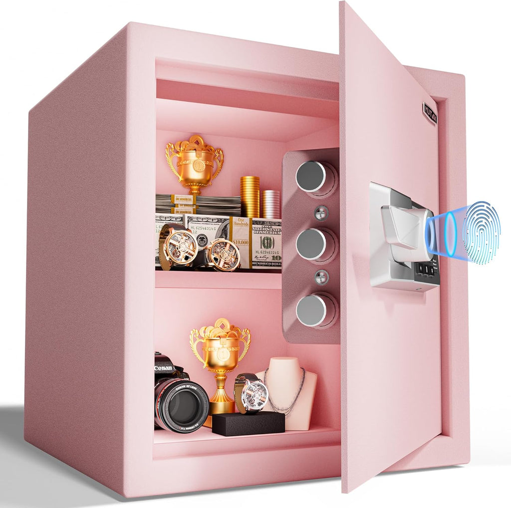 1.5 Cub Biometric Safe Box with Fireproof Bag, Quick-Access Fingerprint with Keys, Digital Keyboard, Type-C Port, Dual Alarm System Safety Box for Home, Office, Hotel Use(Pink)