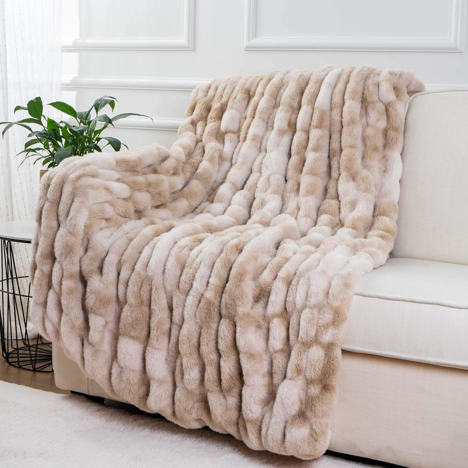BATTILO HOME Ruched Luxury Faux Fur Throw Blanket Beige Tie-dye Rabbit Fur Blanket for Couch, Living Room, Fuzzy, Soft, Plush, Cozy, Elegant with Reversible Mink Blanket Beige, 60"x80"