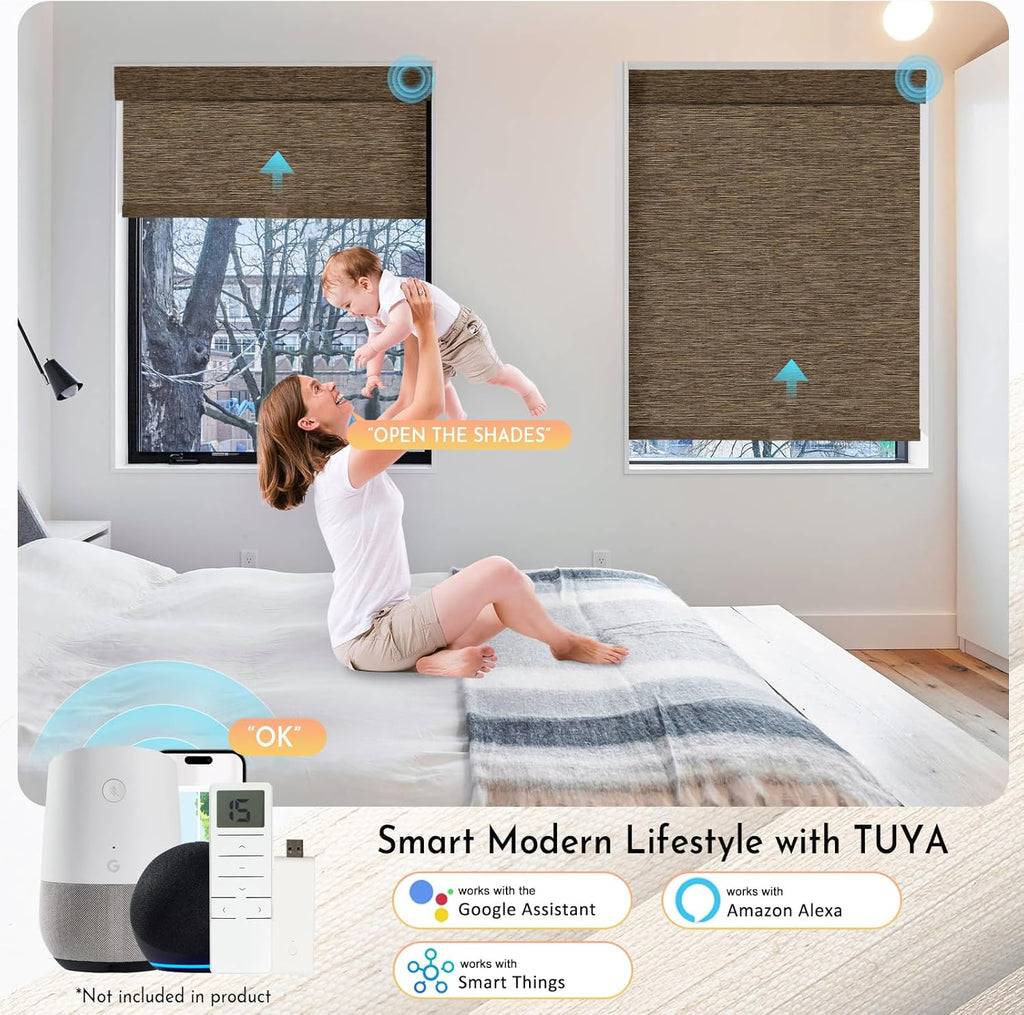 Persilux Smart Motorized Blinds with Remote, No Drill Automatic Roller Shades for Indoor Windows, Blackout Linen Fabric, Electric Blinds for Windows, Nature Brown C153BO-11, Custom Size