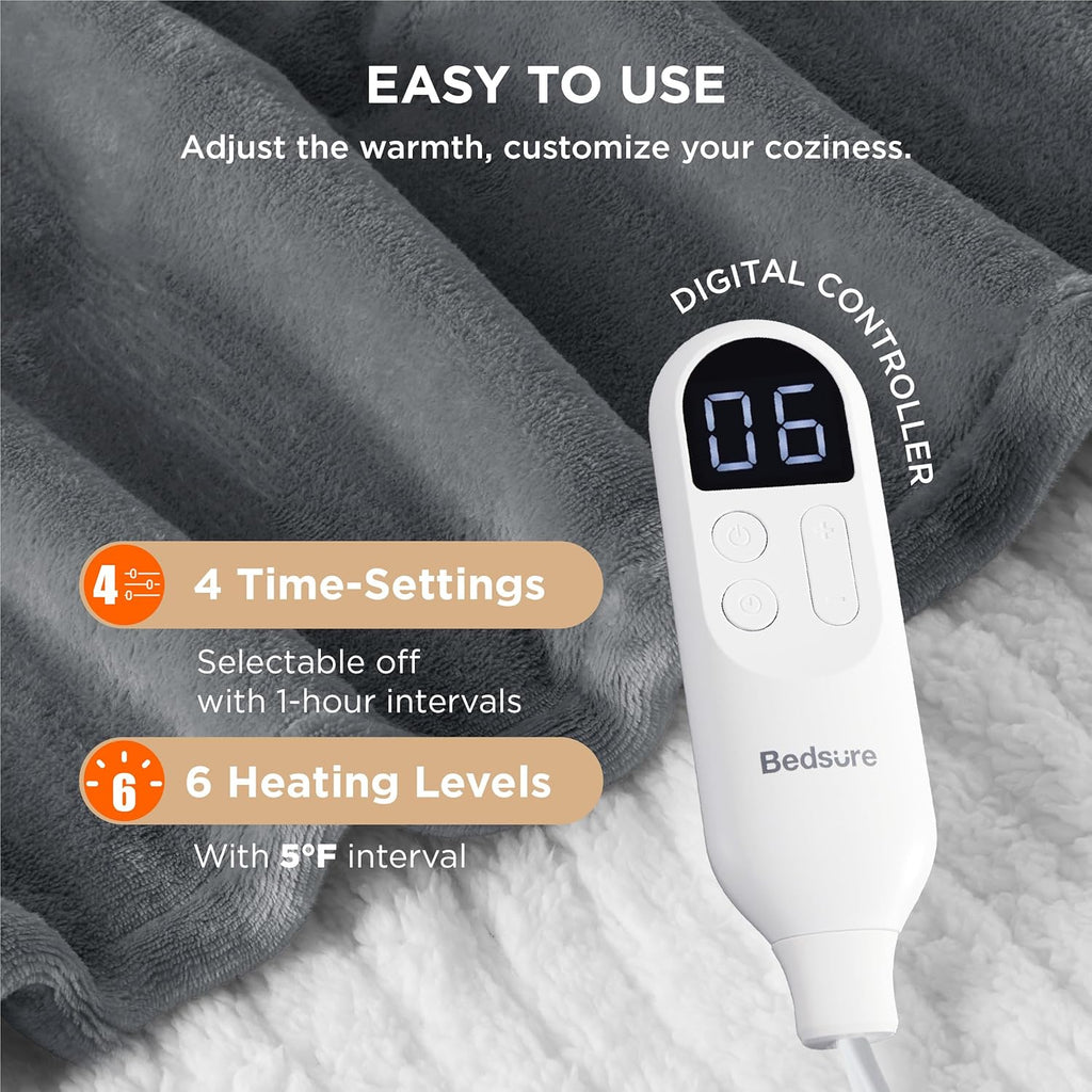 Bedsure Heated Blanket Throw Blanket - Fast Heating Electric Blanket, Soft Flannel Heated Throw with 4 Time Settings, 6 Heating Settings, Warm Gifts for Grandma & Grandpa & Seniors (50“x60”, Grey)