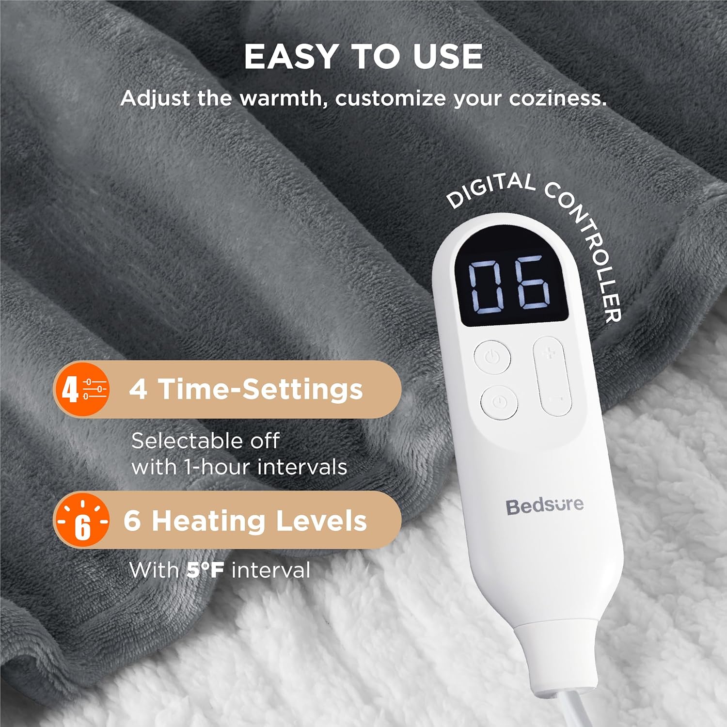 Bedsure Heated Blanket Throw Blanket - Fast Heating Electric Blanket, Soft Flannel Heated Throw with 4 Time Settings, 6 Heating Settings, Warm Gifts for Grandma & Grandpa & Seniors (50“x60”, Grey)