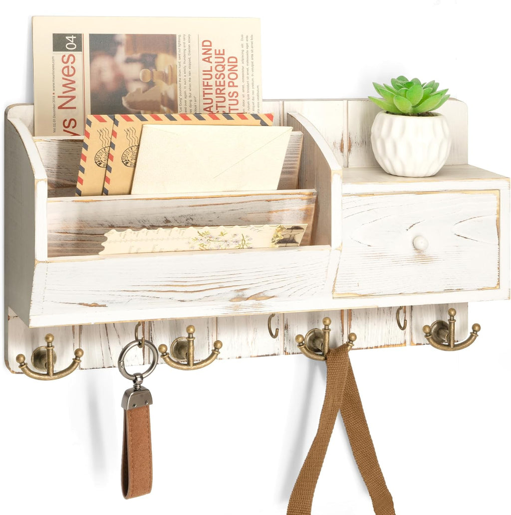 Rebee Vision Key Holder Wall Mount with Mail Sorter - Farmhouse Mail and Key Organizer for Wall with Small Drawer Organizer - Ideal Farmhouse Home Decor Solution (Whitewash)