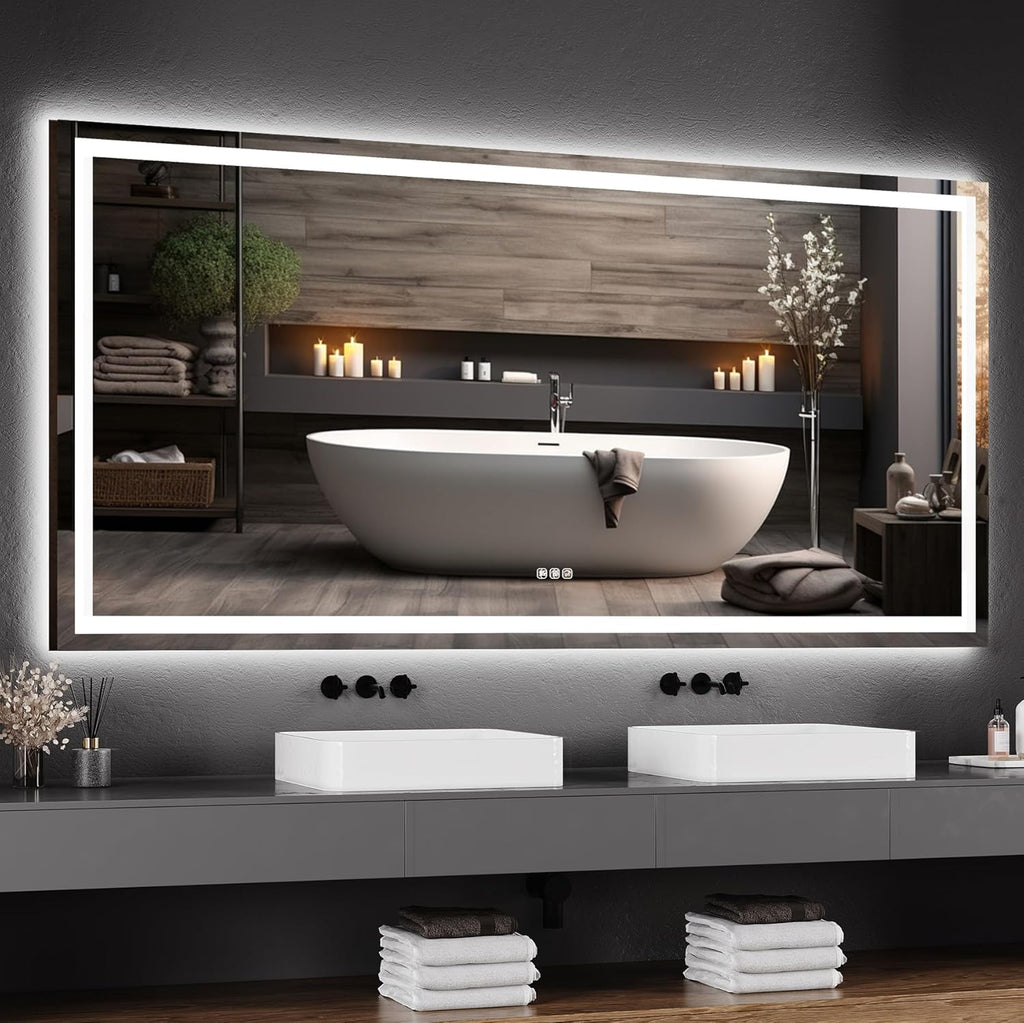 GarveeHome 60x30 LED Bathroom Mirror with Lights, Dimmable, Anti-Fog, Backlit + Front Lit, Lighted Bathroom Vanity Mirror for Wall, Memory Function, Tempered Glass, Shatter-Proof (Horizontal/Vertical)