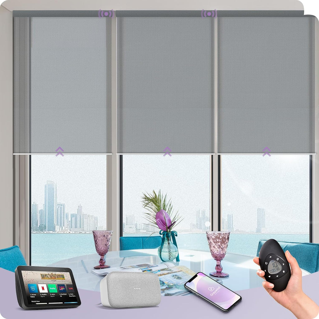 Graywind Motorized Solar Shades Compatible with Alexa Google Remote Electric Window Shade Fireproof Smart Roller Blinds with Valance for Home Office Patio, Custom Size (5% Openness Grey)