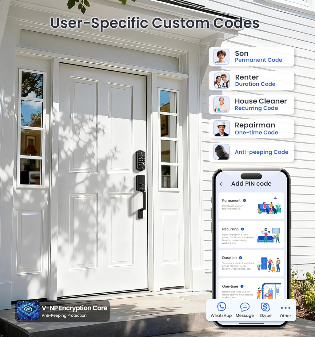 Veise VE017-D Fingerprint Smart Front Door Lock Set, App Control, 8-in-1 Keyless Entry Deadbolt with Lever Handle, Emergency Power Port, Auto Lock, Touchscreen Keypad, Easy Install, Matte Black