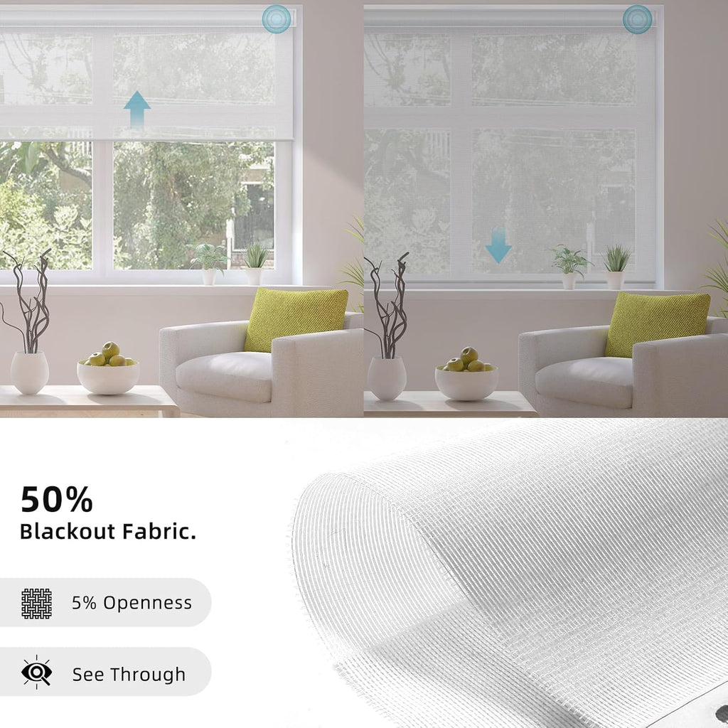 SmartWings Motorized Smart Blinds for Windows in Light Filtering, Electric Remote Roller Shades Compatible with Alexa/Google Home/Homekit, Custom Up to 110”W x 148”H, 5% Openness PVC Free White