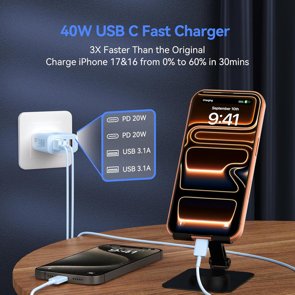 USB C Wall Fast Charger Block, 40W 4-Port Type C Chargers Fast Charging Blocks for Phone 17/16/15/14/13/12 Pro Max, Pad, Galaxy S24/23-2Pack Gradient Blue