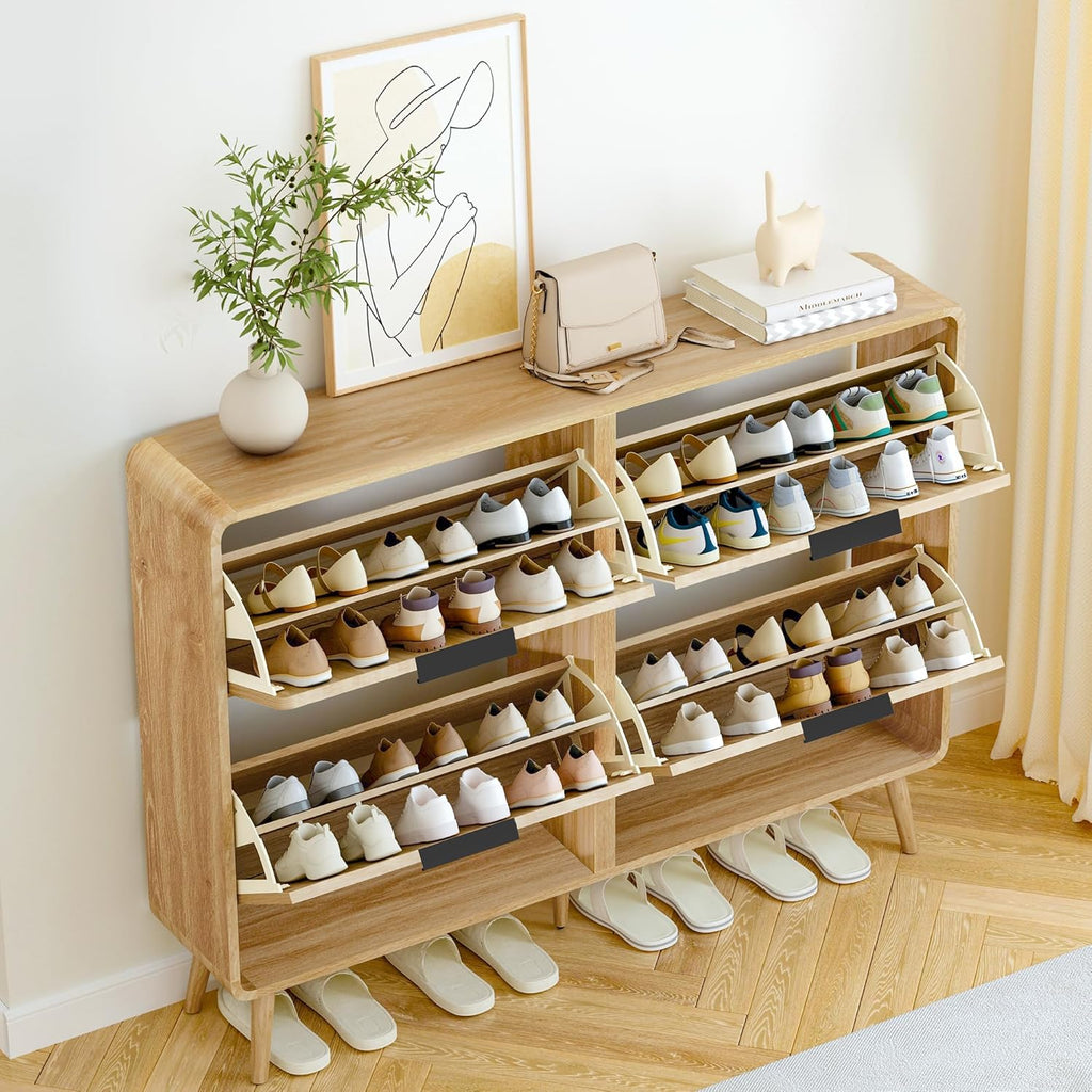 47" Fluted Large Shoe Cabinet with 4 Flip Drawers, Slim Freestanding Shoe Cabinet Organizer, Narrow Shoes Storage Rack for Entryway, 5 Sturdy Legs (All Natural, 9.45" D x 47.24" W x 35.83" H)