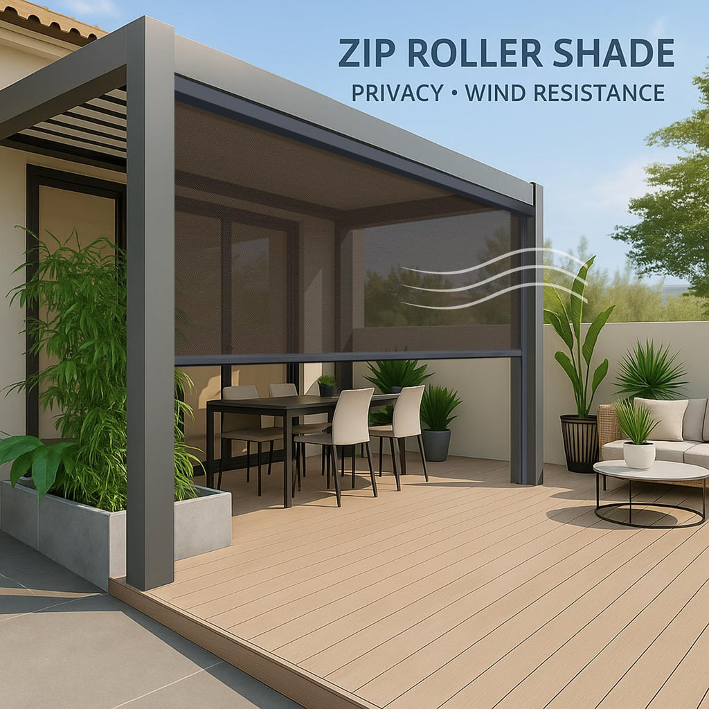 ZSHINE Hard-Wired Outdoor Snow Blocking Weatherproof Motorized Patio Roller Shades Remote Control for Porch Balcony Customized Size (30% Openness Coffee)