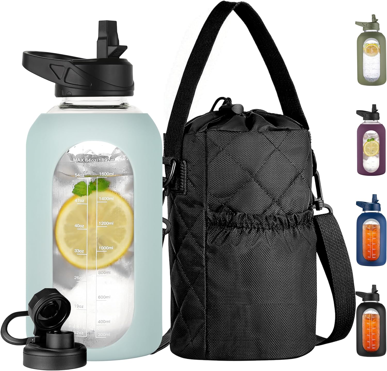 CIVAGO Half Gallon Glass Water Bottle with Straw and Insulated Bottle Holder Sling, 64 oz Motivational Water jug with Time Marker and Silicone Sleeve, Water Flask with 2 Lids, Sage