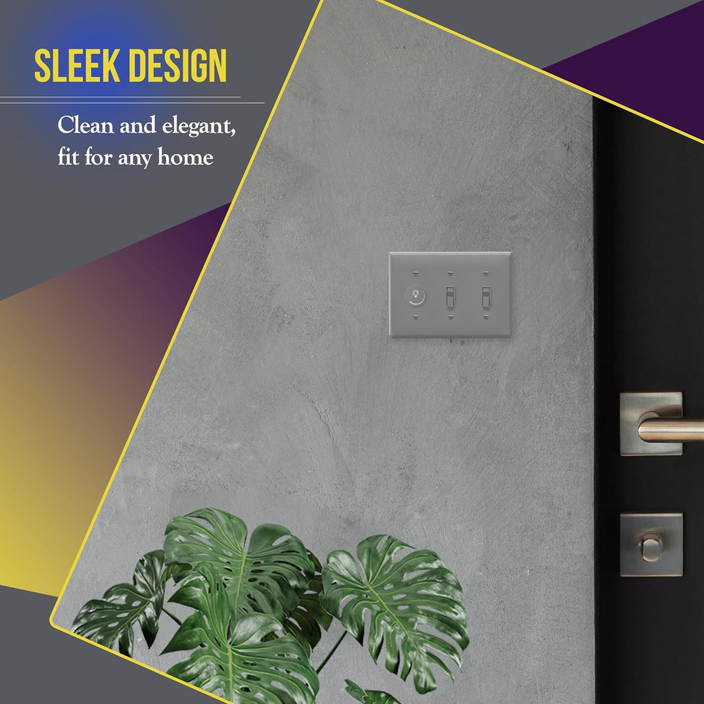 ENERLITES Triple Light Wall, Toggle Switch Plate, Gloss Finish, 3-Gang Standard Size 4.50" x 6.38", Unbreakable Polycarbonate Thermoplastic, UL Listed, 8813-GY, Gray