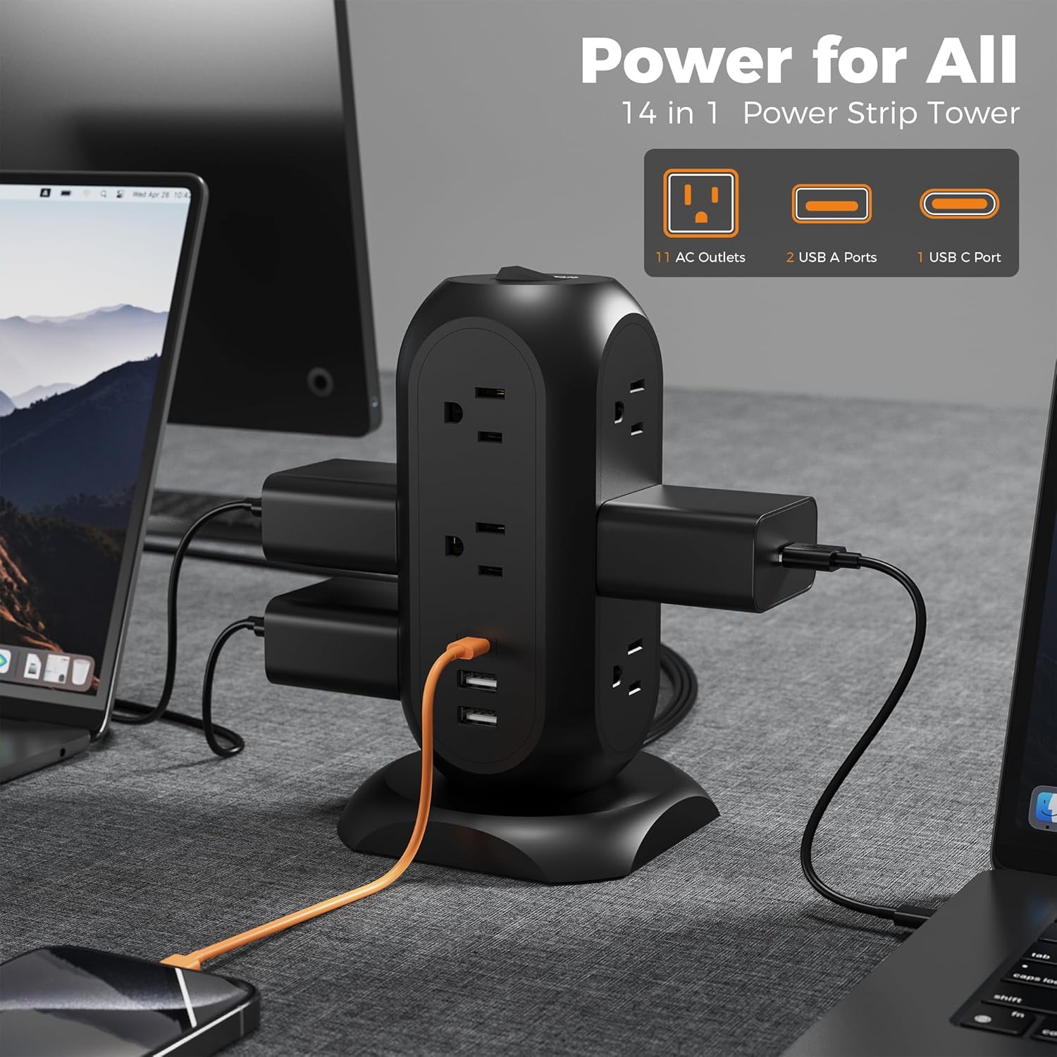 TESSAN Surge Protector Power Strip Tower with 3 USB Ports 11 Outlets, 1625W/13A, Black Extension Cord 6 Feet, 1050J Protection Desktop Charging Station for Office School Dorm Room Essentials
