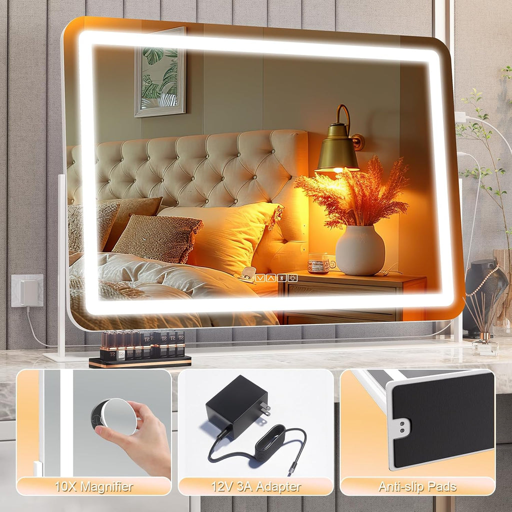 Hasipu Vanity Mirror with Lights and Bluetooth Speaker, 27.6" x 19.7" LED Makeup Mirror, Light up Mirror with 10X Magnification, USB Charging Port, Smart Touch 3 Colors Dimmable (White)