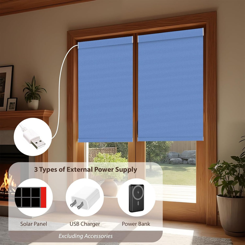 Motorized Roller Blinds with Remote, 100% Blackout Automatic Roller Shades for Bedroom, Bathroom, and Living Room, Customized Size, Deep Sky Blue