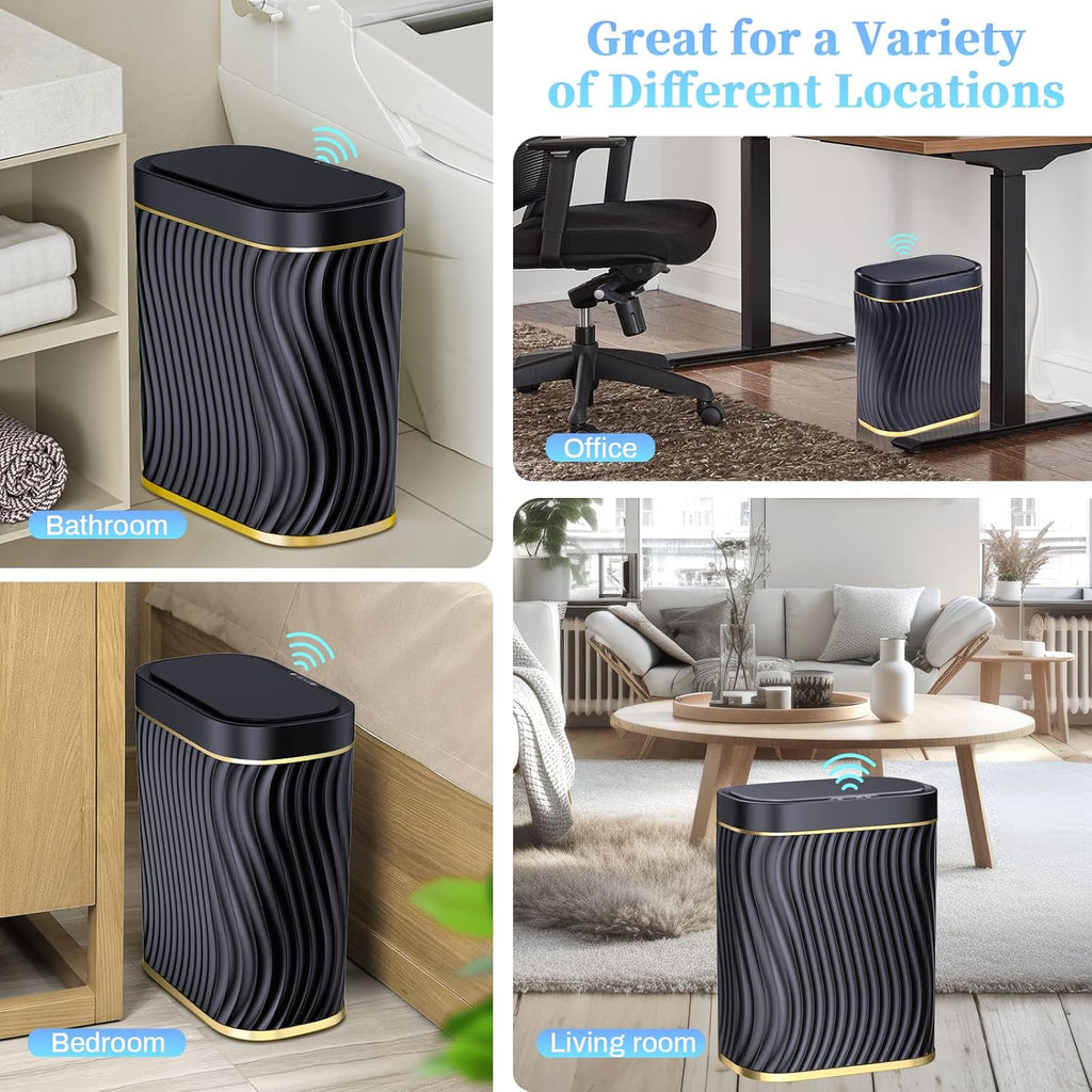 steo spce Automatic Motion Sensor Bathroom Small Trash Can with Lid, 2.6 Gallon Black Touchless Slim Garbage Can, Smart Waterproof Trash Bin for Bedroom, Restroom, Living Room, Office
