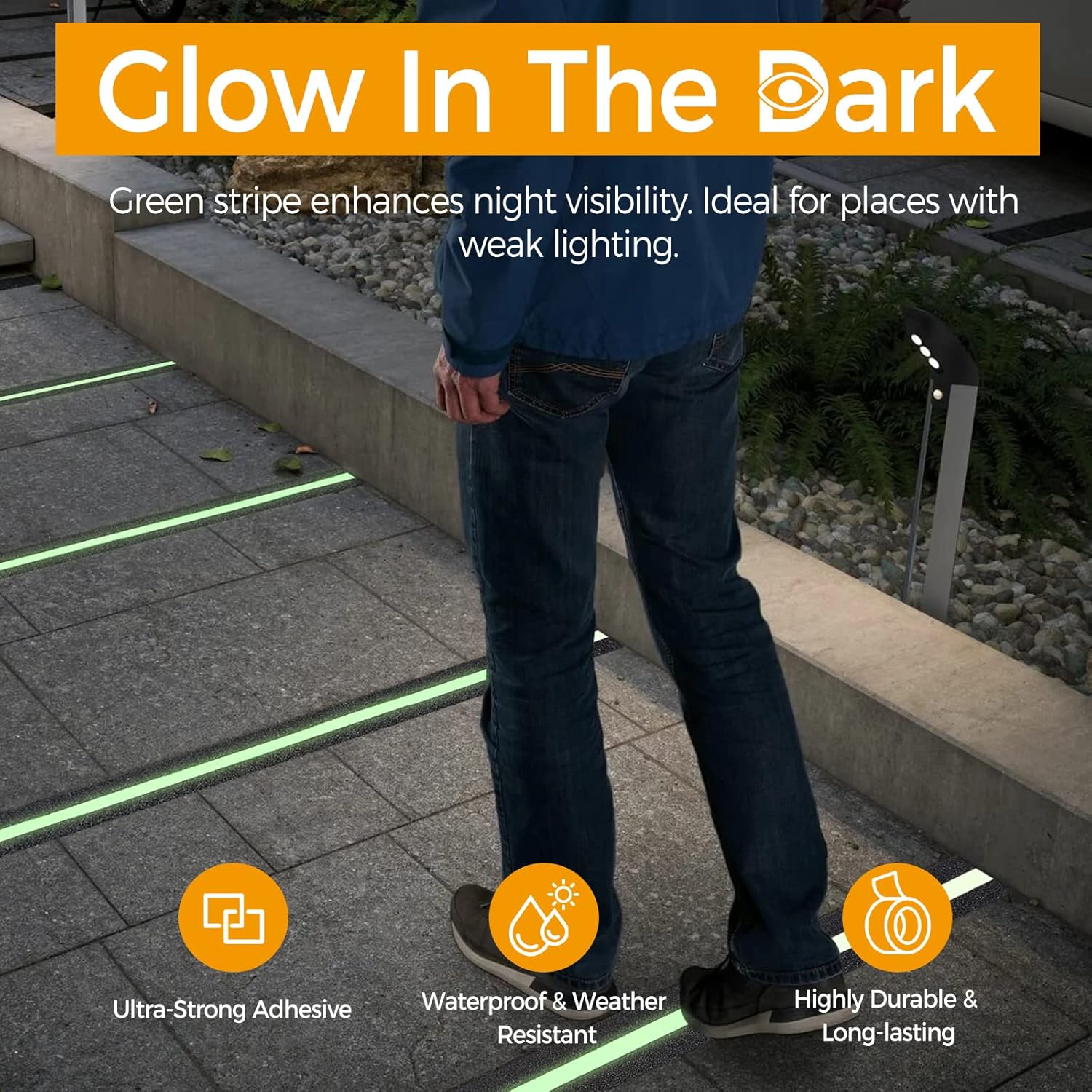 Anti Slip Traction Tape with Glow in Dark Green Stripe, 2 Inch x 16 Feet Waterproof Grip Tape, High Friction Abrasive Adhesive Non Slip Tape for Indoor and Outdoor Stairs, Black